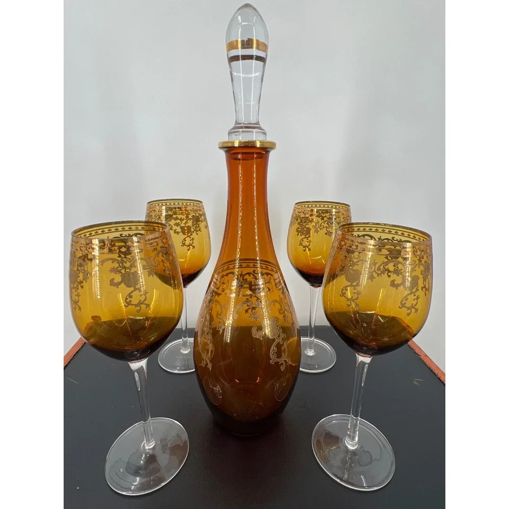 Vintage MCM Amber Glass Decanter Set Gold Encrusted Floral Scroll 4‎ Glasses